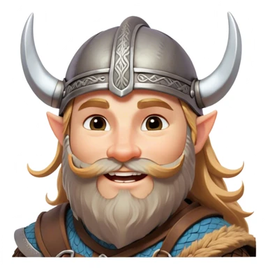 Clash of Clans aesthetic: Cinematic Playful Viking Portrait Emoji, Head tilted with a cheeky grin and twinkling eyes, featuring a compact, charming build with a modest, stylized Viking helmet and a playful beard, his face rendered in natural skin tone, Simplified yet irresistibly charming features, highly detailed, glowing with a warm, inviting radiance, high shine, spirited and lively, stylized with an air of whimsical Nordic mischief, soft glowing outline, capturing the essence of a playful Viking exuding friendly rogue charm! sticker