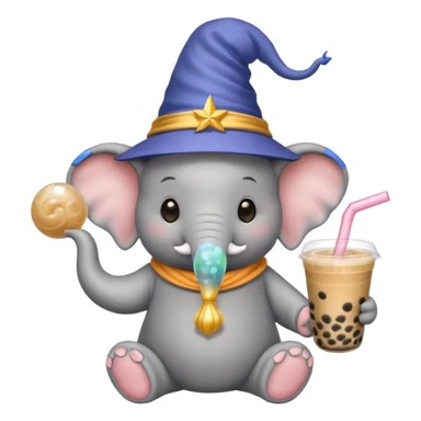elephant with wizard hat and bubble tea, happy sticker