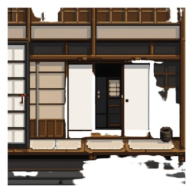 Traditional Japanese house with wooden structure, sliding doors, tatami floor sticker