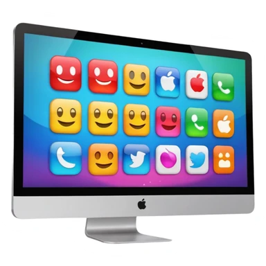 Emoji style simplified iMac screen displaying app icons in grid sticker
