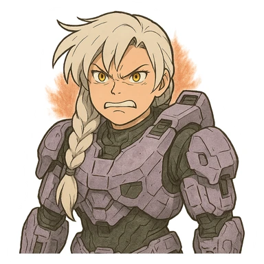 making an angry scowl, frown closed mouth, rage face, rage aura,  female, wearing reach spartan armor shoulder-unequip, long white braid hair with massive messy front side single bangs, gold yellow eyes, attention pose, D-cup size, HALO:series, no helmet, the armor is lavender color scheme, sticker