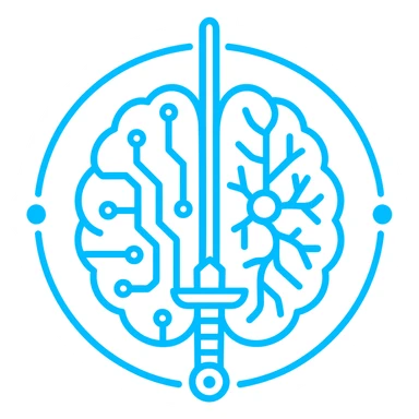digital seal of a symmetrical brain cut by an energy blade, circuits and neurons in hemispheres, outer circle with three points, flat, monochromatic neon blue, visual of intelligence and technology sticker
