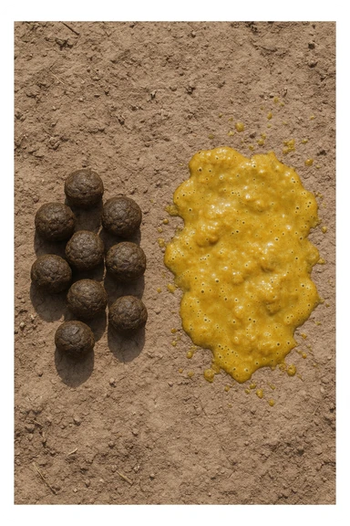 feci di animale a palline viste dall'alto e feci di animale liquide e gialline viste dall'alto, iperrealistico 4k sticker