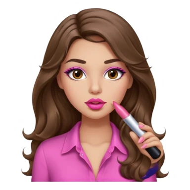 girl with long wavy brown hair, brown eyes, light to medium complexion, in a pink sexy shirt, pink lips, long lashes, puckered lips, putting on lipstick sticker