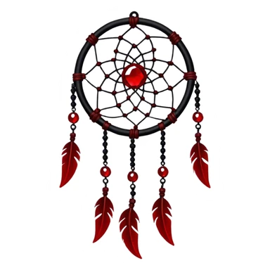 Blood-red, bloody, obsidian-black, edgy, dream catcher, red gemstones, black wires, black threads, tiny white skulls, sticker