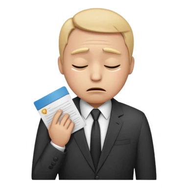  emoji character wearing a interview clothoes. face has a very sad crying, disappointed expression with drooping eyebrows and half-closed eyes. posture is dejected, with slumped shoulders. just rejected from  interview to get a job, holding CV. dont make it old person and dont specify any gender. sticker