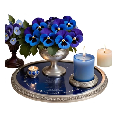 An enchanting night scene where deep blue and light blue pansies gently sway under the soft light of a silver crescent moon. A round, pearl-colored candle sits at the center of a sacred astrological altar, surrounded by silver-trimmed star charts and delicate planetary symbols glowing faintly in the twilight. Nearby, a beautifully crafted crystal sphere rests atop an ancient book of celestial wisdom, reflecting the constellations above. The sky is alive with swirling nebulae and zodiac glyphs, forming intricate cosmic patterns. A faint silver doorway, outlined by threads of lunar energy, shimmers in the background, hinting at hidden knowledge beyond the stars. sticker
