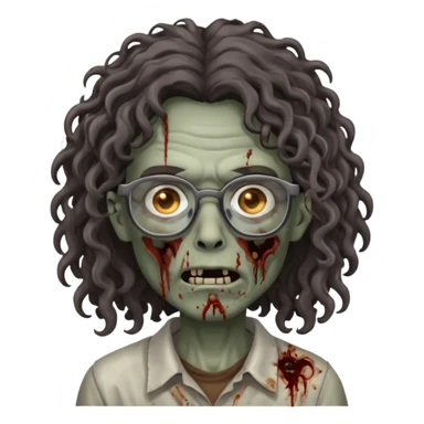 make a zombie with grey skin and long dark brown curly hair and glasses sticker