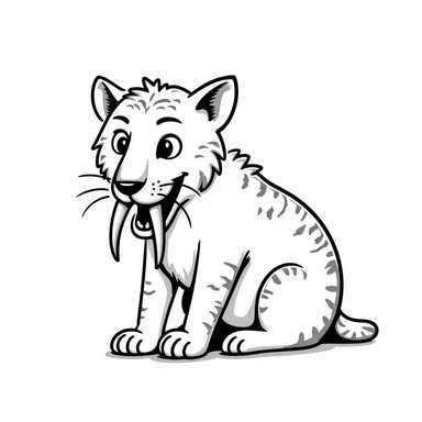 sketch of a saber-toothed cat with ludicrously long canine teeth that extend far below its body, extreme sword-like tusks sticker