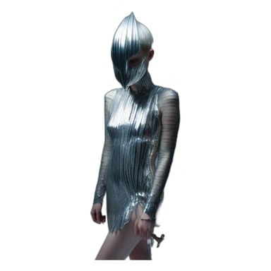 grimes, iris van herpen dress, sword, silver mask, Bathed in shadows, 90 degrees, short lighting, L USM, Cold Colors, hyper aesthetic sticker