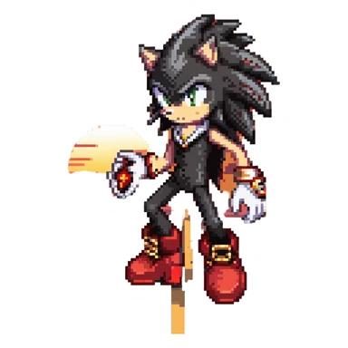 Shadow the Hedgehog on a broken highway at sunset, black and red fur, glowing red hover shoes, white gloves with gold rings, dramatic lighting, city skyline in background sticker