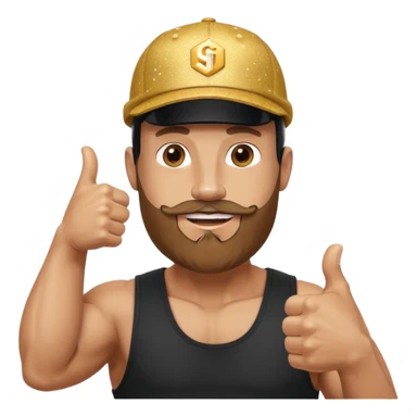 Bald bearded muscular man in cap giving thumbs up, Instagram logo, golden 500, sparkles, minimal emoji style sticker