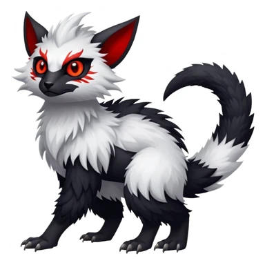 a white exotic edgy vernid-fionbr-Fakémon-creature, with black belly and red eyes, full body sticker