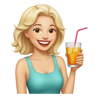 Woman laughing while holding a drink sticker