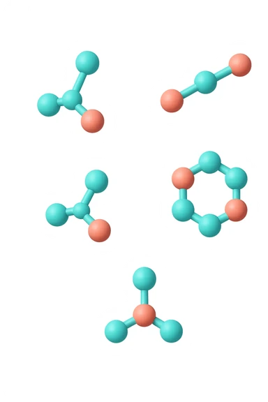 emoji 3d stile iphone di cinque molecole chimiche turchesi e rosa salmone che fluttuano in aria 3d sticker