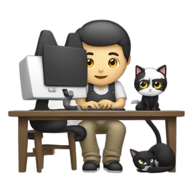 a programmer sits at a computer from the back and a black and white cat sits next to him sticker