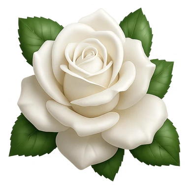 Create a 3D illustration of a white rose with leaves in the style of iOS Apple emoji. The rose should have voluminous petals and realistic leaves, on a transparent square background. Emulate the look and feel of Apple emoji style with detailed shading and smooth gradients. sticker