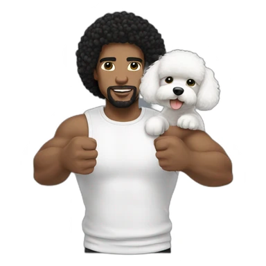 white man black hair,  rapper flexing with a bichon sticker