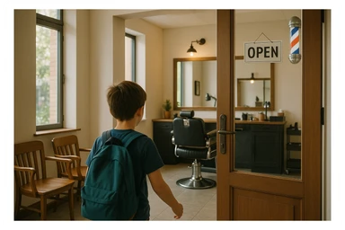 Sartaroshxonaga kirib kelayotgan bola sartaroshxona unchalik eski emas ammo yangi ham emsa sticker