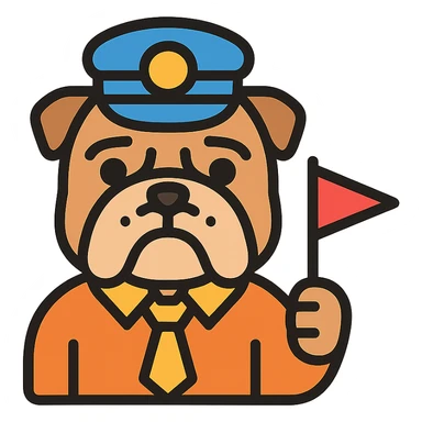 English bulldog as a tour guide, wearing a guide hat and holding a small flag, clean modern icon style sticker