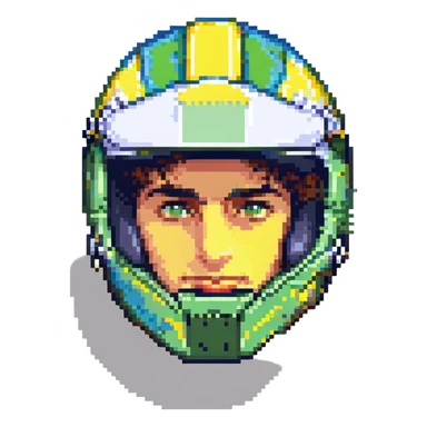 Ayrton Senna, Formula One driver, portrait, pixel art style, racing helmet, iconic yellow, green, and blue colors, retro video game look sticker
