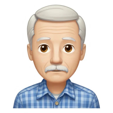 Thin elderly man with light skin. Elongated face with kind expression. Light brown eyes. Thin eyebrows. White goatee and white mustache. Fine straight gray-white hair combed back with some bangs falling on forehead. Slim build. Wearing a blue and beige checkered button-up shirt. sticker