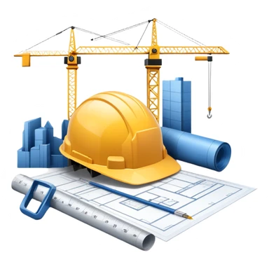 An icon featuring a blueprint, a hard hat, and a measuring tape, symbolizing architecture and construction. The design includes a building silhouette, cranes, and construction tools, representing the planning, design, and building processes. Transparent background. sticker
