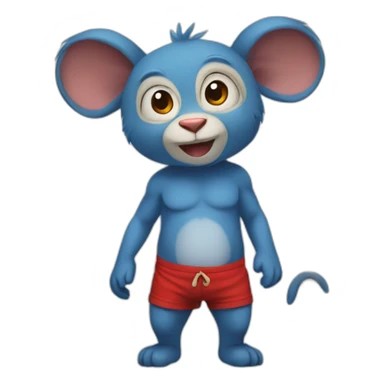 blue rabbit monkey with no shirt but red shorts and with a monkey tail sticker