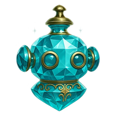very luxurious crystal elixir bottle in the shape of a cute robot head, cyan color, lots of glowing, facets, ornaments, golden details, magical effects, very small almost invisible neck, transparent background, beautiful merging bottom, clearly floating in the air, no base or shadow, premium class, friendly, playful, matching the collection sticker