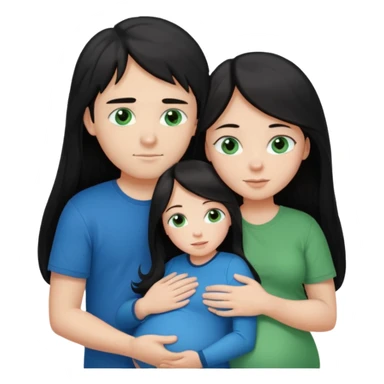 Make a couple emoji they are 18. The girl has long black hair and blue eyes and is hugging a pregnant boy with brown hair and green eyes they are both wearing the same colour top.  sticker