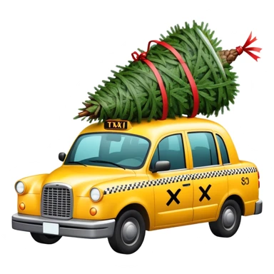 A new york taxi with a tied up Christmas tree on its roof sticker