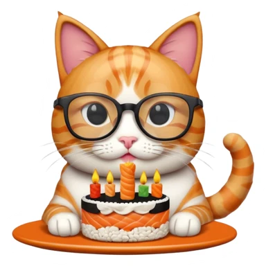 cat with cool square glasses eating a birthday cake made out of sushi sticker