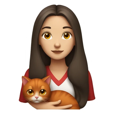 A brunette girl with long hair holds a red cat sticker