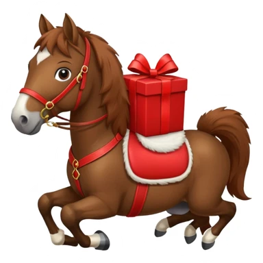 a New Year's horse with a red saddle, which has a red gift box with a white bow on the saddle sticker