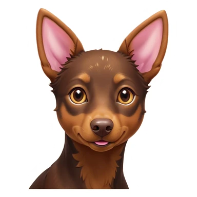 Cinematic Cute Brown and Tan Kelpie Portrait Emoji, Head tilted playfully and inquisitively, featuring a glossy brown Fur with vibrant tan accents, round, sparkling warm eyes filled with curiosity, Simplified yet irresistibly adorable features, highly detailed, glowing with a warm, friendly glow, high shine, affectionate and spirited, stylized with a touch of whimsy, bright and endearing, soft glowing outline, capturing the essence of a mischievous yet loving herder, so playful it feels like it could leap out of the screen and into your arms! sticker