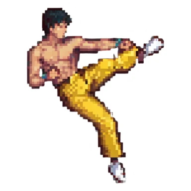 Bruce Lee performing a high kick, pixel art style sticker