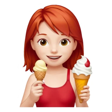 girl kid red haired swimsuit, eating ice cream, sun sticker