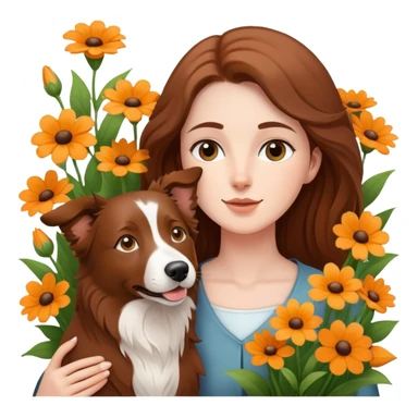 A white woman holding a brown Border Collie in the flowers sticker