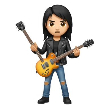 3D Apple-style emoji of a metal musician. Long hair, black leather jacket, ripped jeans, holding an electric guitar. Intense expression, glossy, rounded, smooth, soft shadows, white background.









 sticker