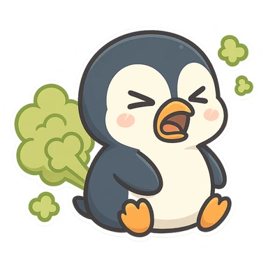 cartoon penguin farting with green stinky gas clouds funny expression sticker