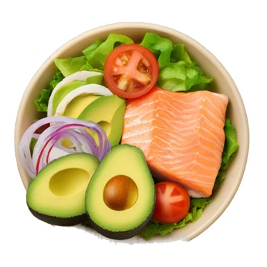 Delicious lunch bowl with salad, salmon, avocado and tomato sticker