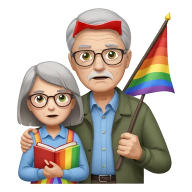 make old old man like 80 with gray hair and fur has HUGE EYE brows and glasses and is always mad and gay holding the rainbow flag and walking a young girl about 1 with brown hair and green eyes with a moth book with the other hand sticker