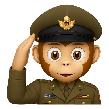 Add a classic military hat to the cute monkey face giving a military salute in emoji style with transparent background. sticker