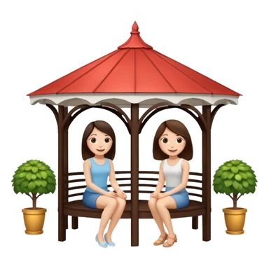 Two small brunette women sitting inside a large white gazebo sticker