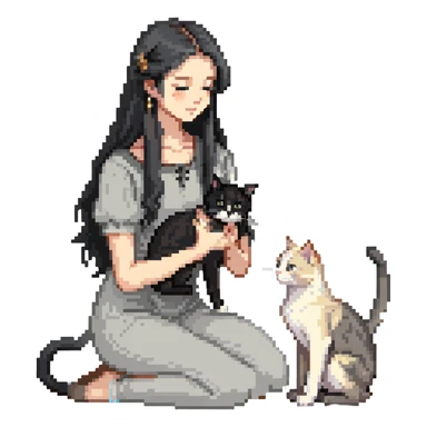 Beautiful girl with long black hair petting a gray and blonde mixed cat sticker