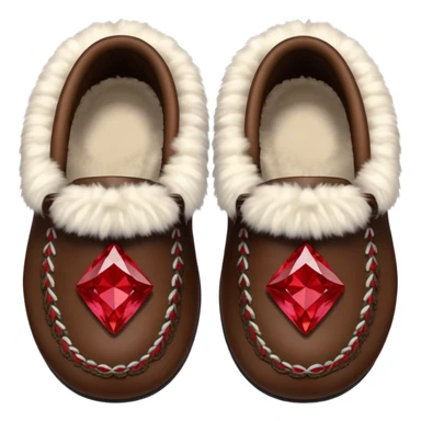 dark brown moccasins with red diamond design and fluffy fur sticker