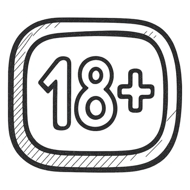 simple hand-drawn style 18+ button badge, rounded rectangle shape, bold outlines, stylized shadows and highlights for volume, clear centered 18+ text, clean and slightly three-dimensional drawing, not overly detailed sticker