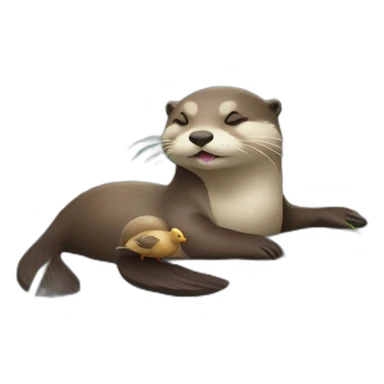 otter holding hands with a duck while sleeping on the water with a pebble on the belly sticker