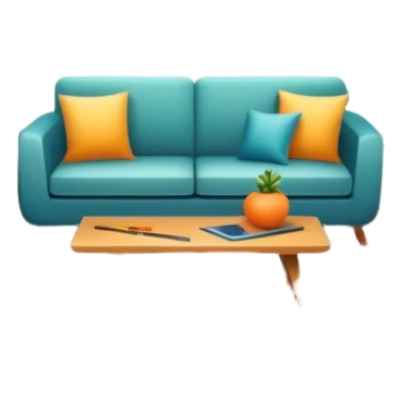 Icon for Interior Design: a modern room layout with furniture, plants, and decor items, with a color palette and design tools like a ruler and measuring tape. The icon should represent creativity, space planning, and aesthetic design. Transparent background. sticker