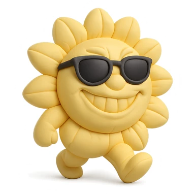 bright pastel yellow sunflower with large sunglasses, grinning proudly while strutting, round body, exaggerated confident face, cushion style sticker